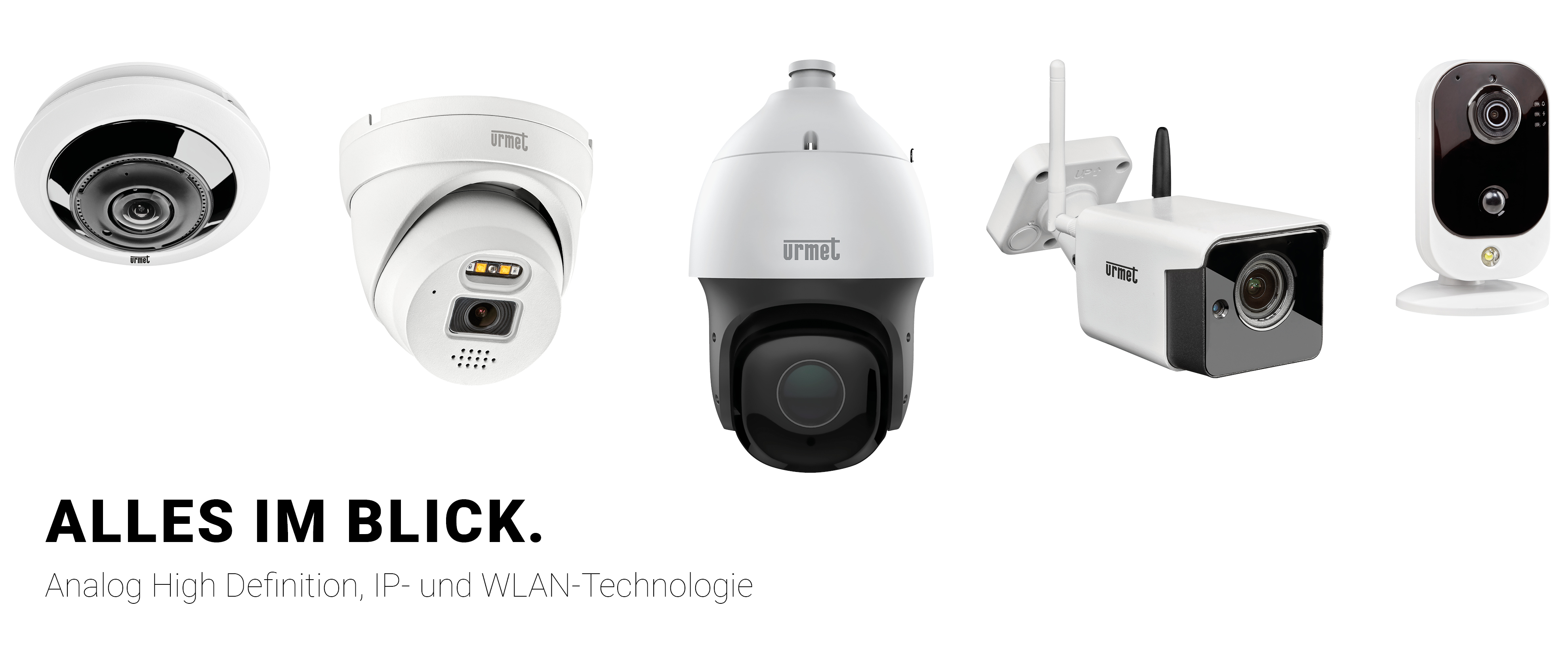 Nebeneinander eine Fisheye-Kamera, eine Dome-Kamera, eine PTZ-Kamera, eine Bullet-Kamera und eine WLAN Cube-Kamera; Schrift: "Alles im Blick: Analog High Definition, IP- und WLAN-Technologie"