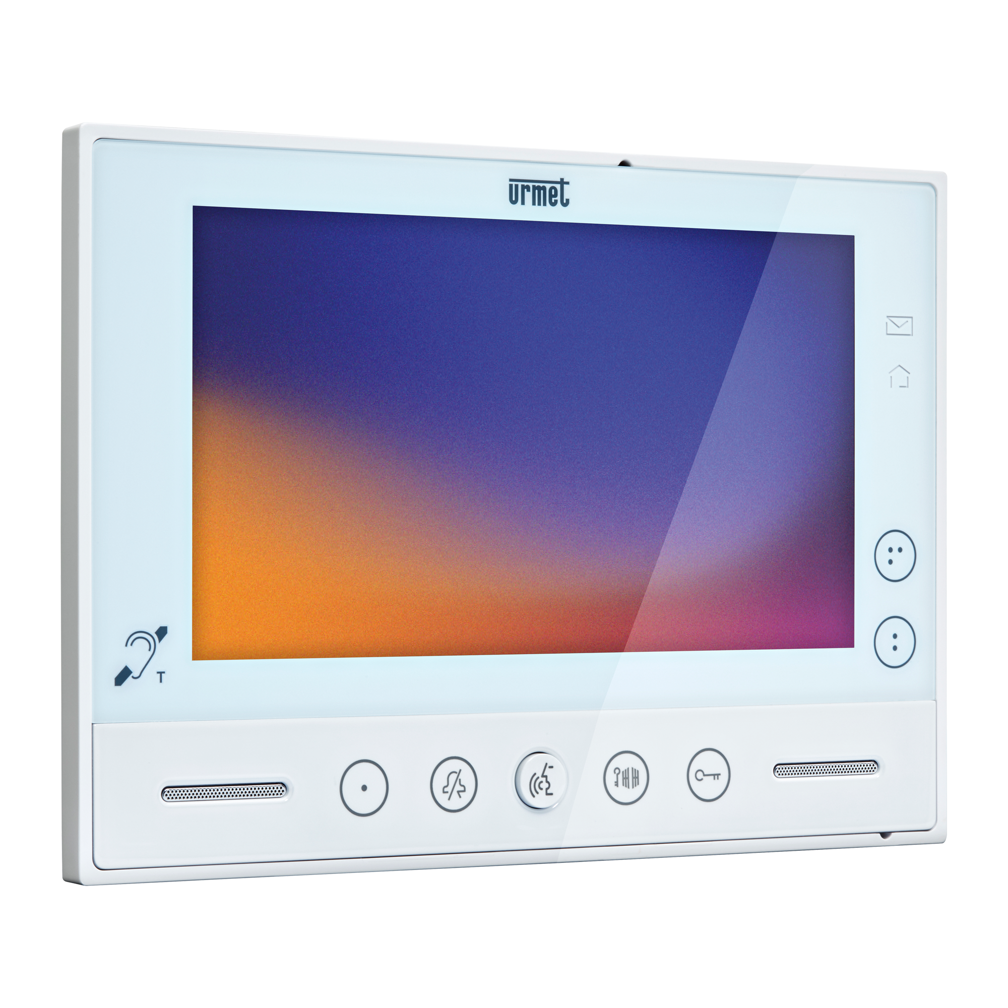 Weißer Monitor mit großem Farbdisplay, seitlichen Bedientasten, sechs Symboltasten unten und zwei Lautsprecherschlitzen.