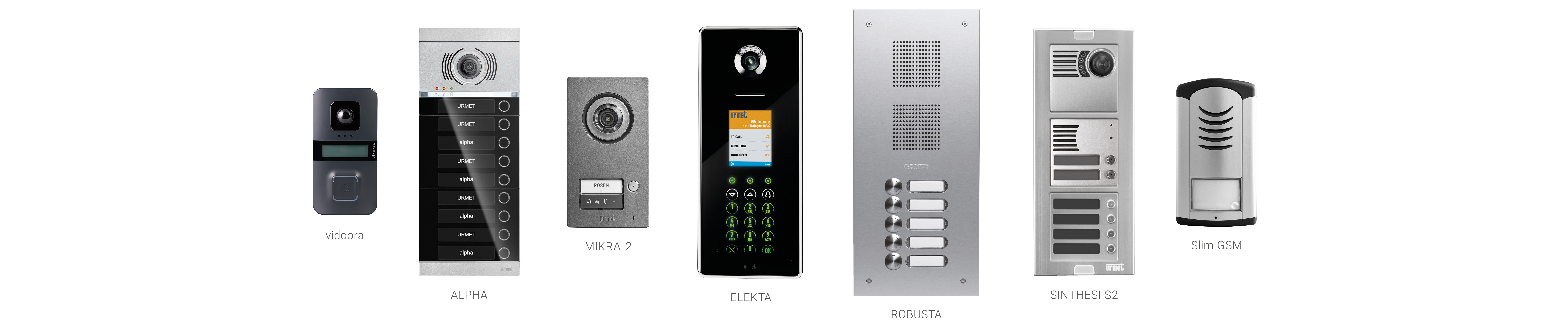 Die Türstationen vidoora, ALPHA, MIKRA, ELEKTA, ROBUSTA und GSM nebeneinander