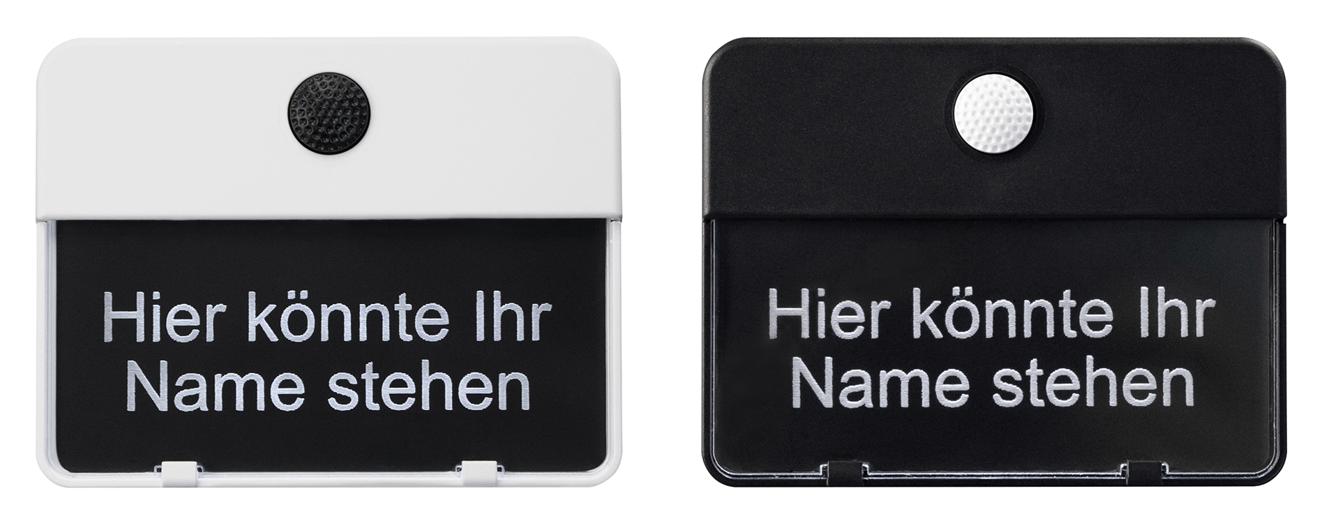 Zwei ETA 650-Klingeltaster nebeneinander, einmal in Weiß, einmal in Schwarz; auf beiden steht "Hier könnte Ihr Name stehen"